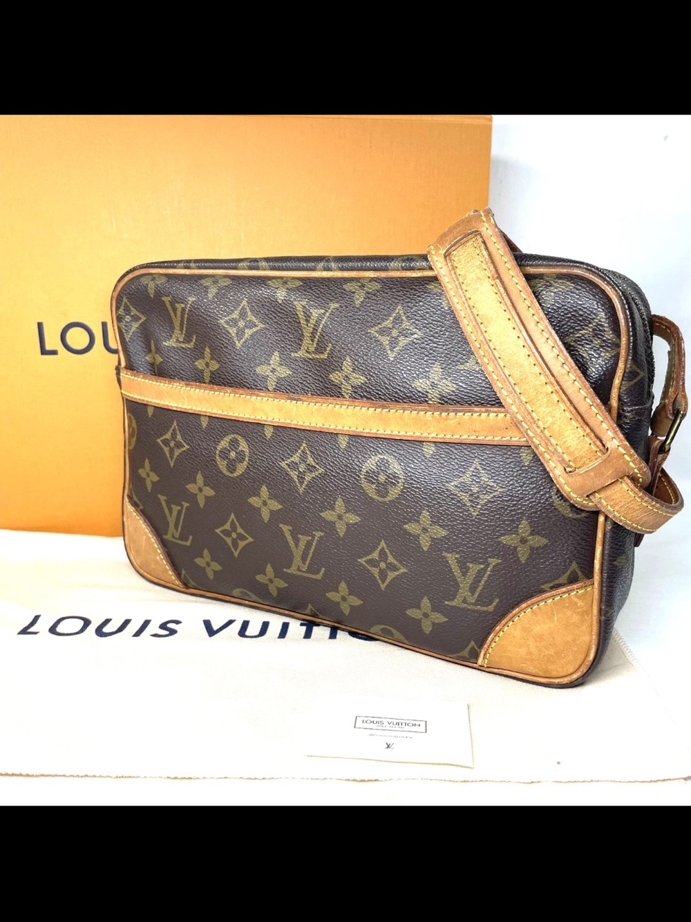 Louis Vuitton Brown Monogram Messenger Bag with Tan Leather Trim